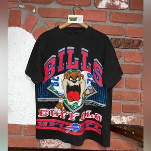 Vintage 1992 NFL Buffalo Bills Looney Tunes TAZ Black Graphic T-Shirt Size Large